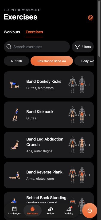 Band exercise library showing movements and the muscles they target