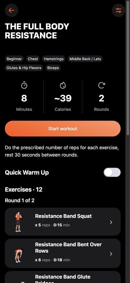 Band workout preview with exercises, reps, rounds, and a start workout button