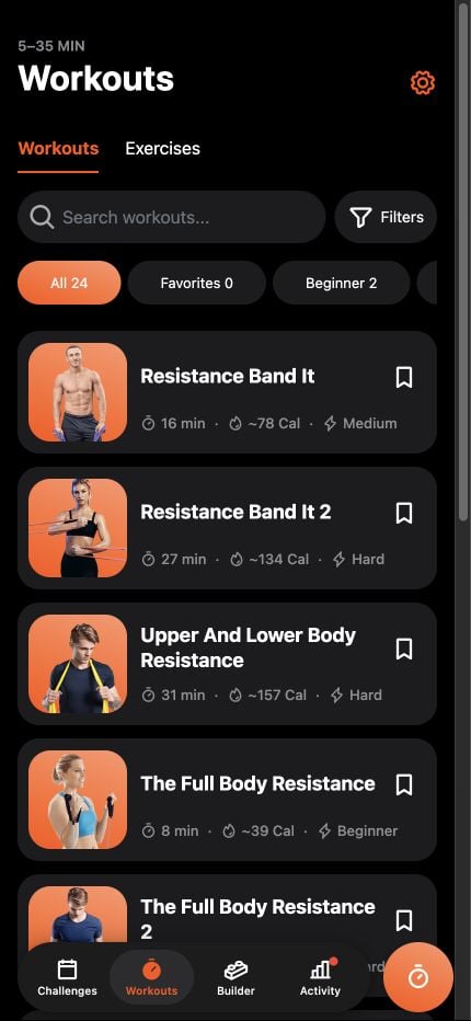 Resistance Band Training workout library screen